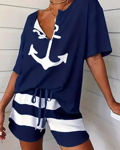 CHICME Women's Soft Polyester 2-Piece Stretchy Boat Anchor Print Striped Short Sleeve Pajama Set - Adjustable Drawstring Top, Comfortable Casual Sleepwear & Loungewear