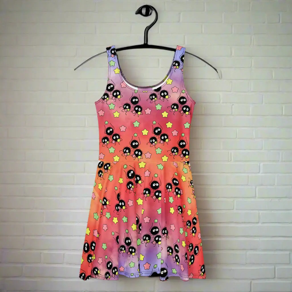 Women's Soot Sprites Print Sleeveless Skater Dress - Casual A-Line Style, Soft Elastic Breathable Comfortable Fabric, Stretchy Polyester-Spandex, Perfect Fit, Flared