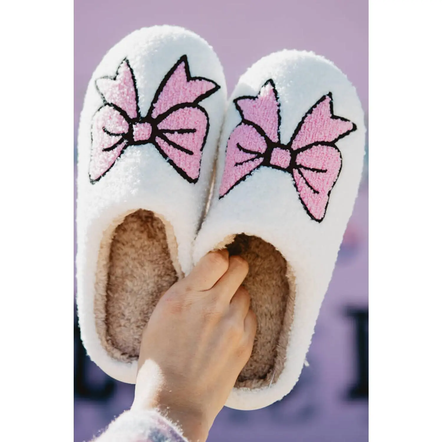 White Cute Bowknot Pattern Fuzzy Winter Home Slippers