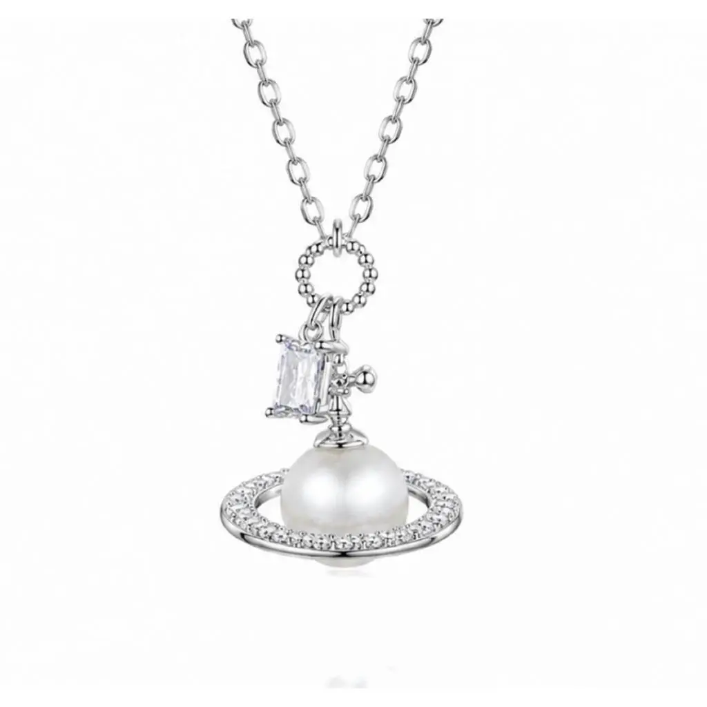 Saturn Pearl Crystal Pendant Necklace with Sparkling Cubic Zirconia Elegant Shell Pearl Silver Plated Finish Adjustable Chain 15.7 + 2.0 in Length Perfect for Daily Wear & Gifts