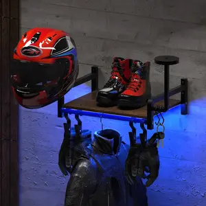 Vieshful Motorcycle Helmet Wall Mount Rack, Heavy Duty Helmet Holder with RGB Light Strip – Gear Display Shelf for Jackets, Gloves & Motorcycle Accessories Organizer, Garage & Entryway