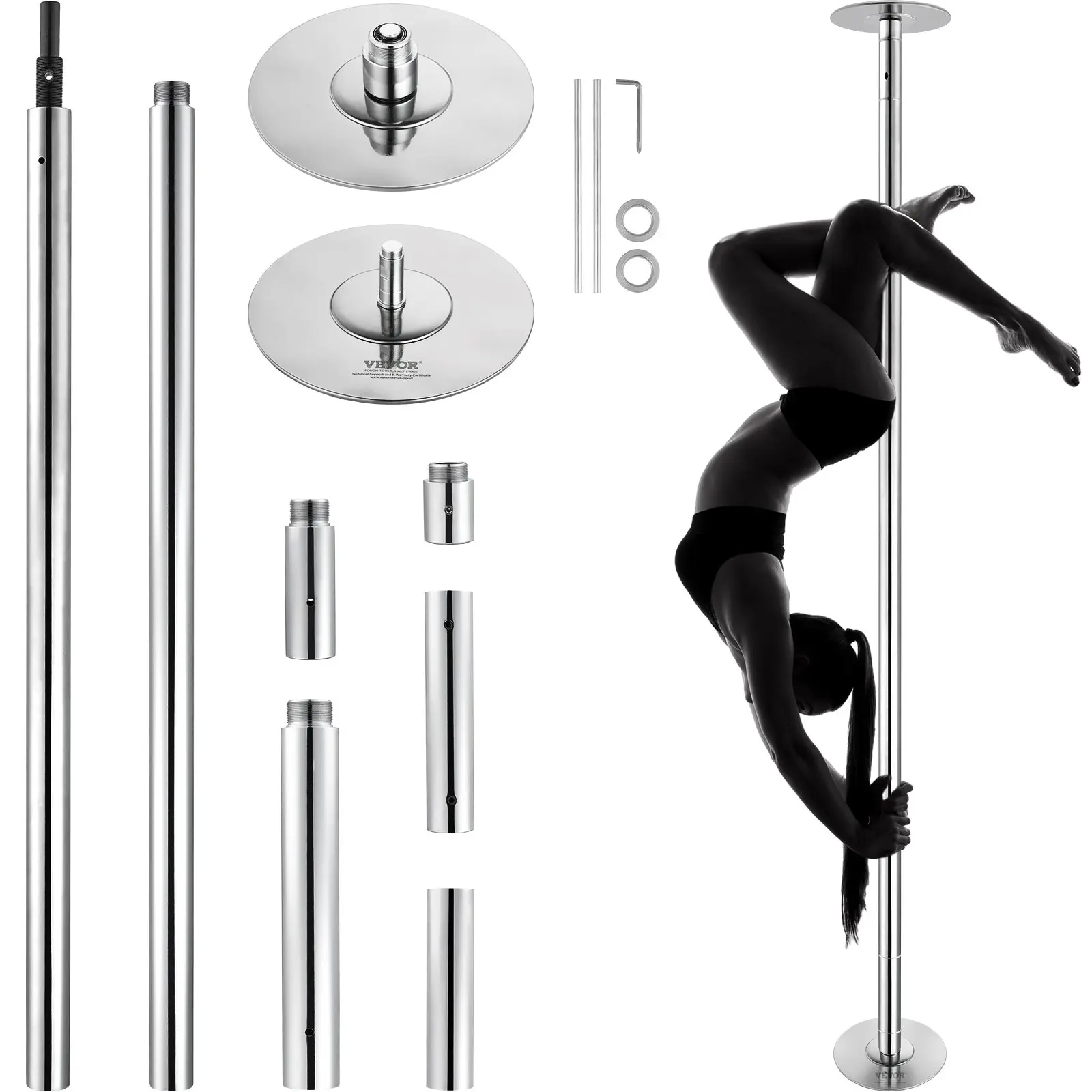 Summervibes VEVOR Professional Dancing Pole, Spinning Static Dancing Pole Kit, Portable Removable Pole, 45mm Heavy-Duty Stainless Steel Pole, Height Adjustable Fitness Pole, for Exercise Home Club Gym, Silver