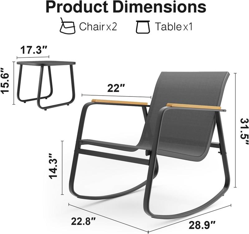 Gizoon 3 Piece Rocking Bistro Set, Textilene Fabric Patio Furniture Set, Front Porch Rocker Chairs with Coffee Table for Lawn, Garden, Balcony, Poolside (Black)