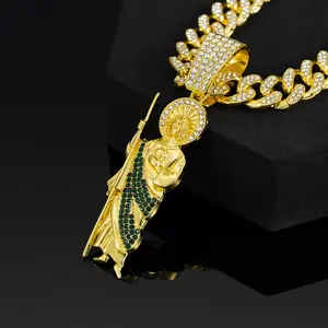 Iced Out San Judas Tadeo Pendant Necklace,Green & White Zircon St. Jude Medallion,20" Gold Cuban Link Chain,Urban Hip Hop Religious Jewelry for Men-Protection Amulet Gift