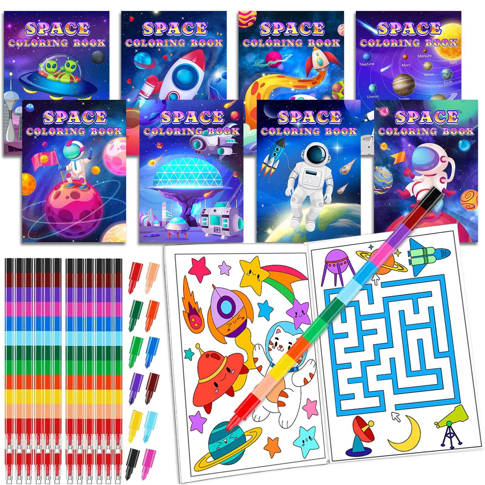 24Pcs Fun Outer Space Coloring Books with 24 Stacking Crayons - Mini Alien Astronaut Activity Books, Bulk DIY Painting Supplies for Kids' Birthday Party Favors to Boost Creativity