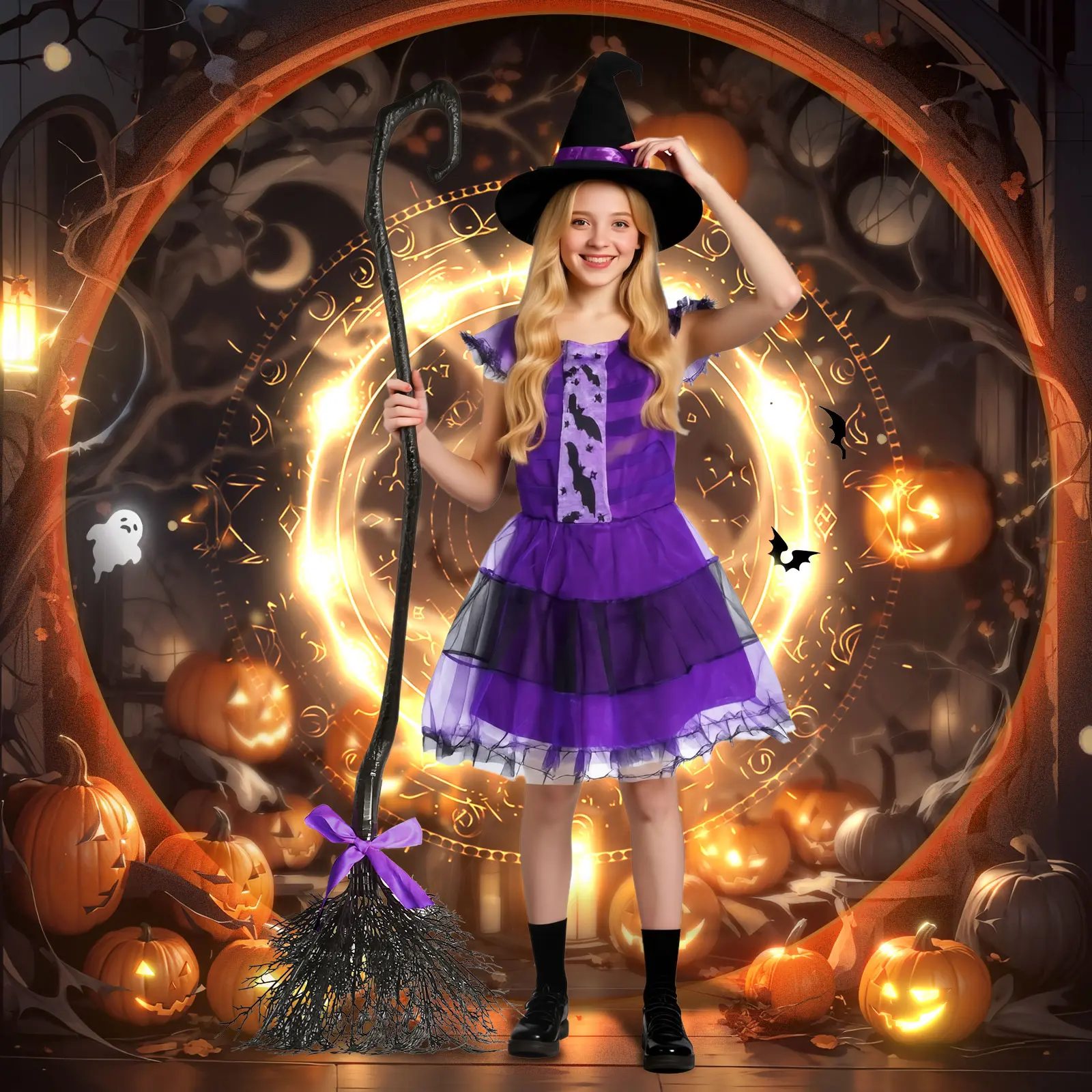 Halloween Witch Role Play Dress Set for Girls 3-12 Wizard Costume Purple Dress with Hat & Broom Perfect for Holiday Party Themed Events