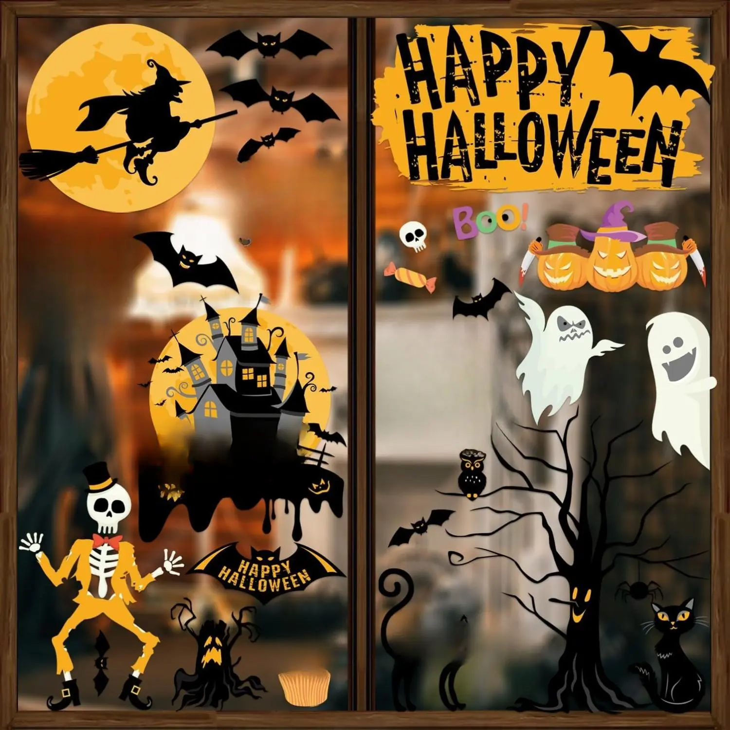 Window Clings - 6 Sheets Halloween Crows Bats Spiders Ghost Window Stickers, Double-Side Removable Decals