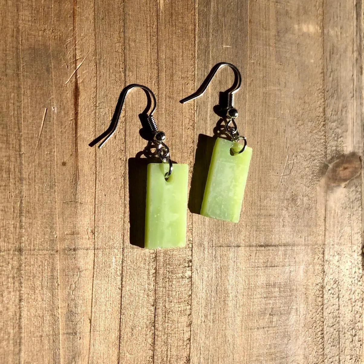 Lime green stained glass dangle earrings * handcrafted * stainless steel * light me up