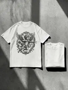 Gothic Cherub Archery Graphic Tee | Oversized Vintage Streetwear T-Shirt | Baroque Ornate Print | Edgy Dark Aesthetic Top | Perfect for Punk, Grunge & Alternative Fashion Lovers | Casual Cotton Tee for Men & Women