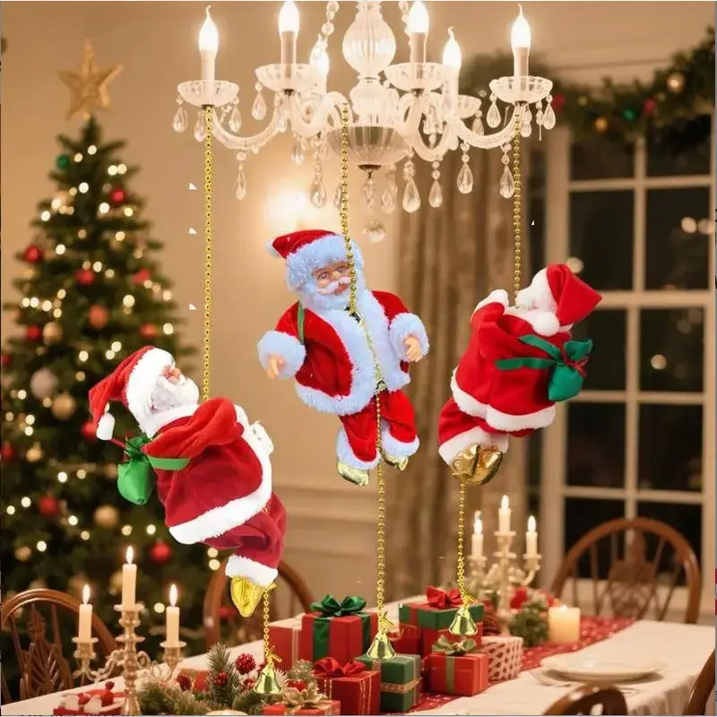 2026 Electric Animated Climbing Santa Claus Ornament with Rope Ladder, Climbing Stairs Feature for Christmas Tree, Indoor-Outdoor Festive Holiday Home Decor
