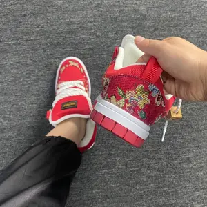 Large New Year's Red Jacquard Thick Bottom Canvas Shoes with Thick Rope Lace Design, Versatile Chinese Style Casual Shoes