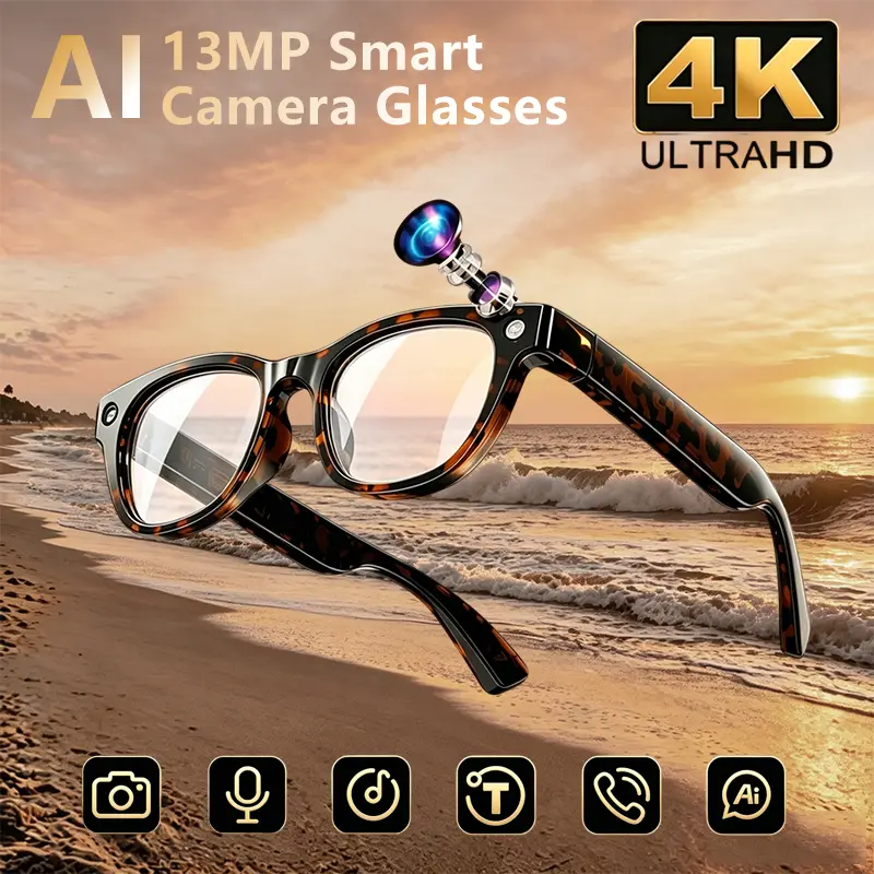 13MP True 4K AI Smart Glasses – ChatGPT Voice Assistant, Real-Time Translation, Open-Ear Audio, Wi-Fi 6, USB-C, Touch Control, Hands-Free Recording for Travel, Tortoiseshell Design HD Record, Outdoor Sport Camera, Wearable Camera Glasses, Audio Glass