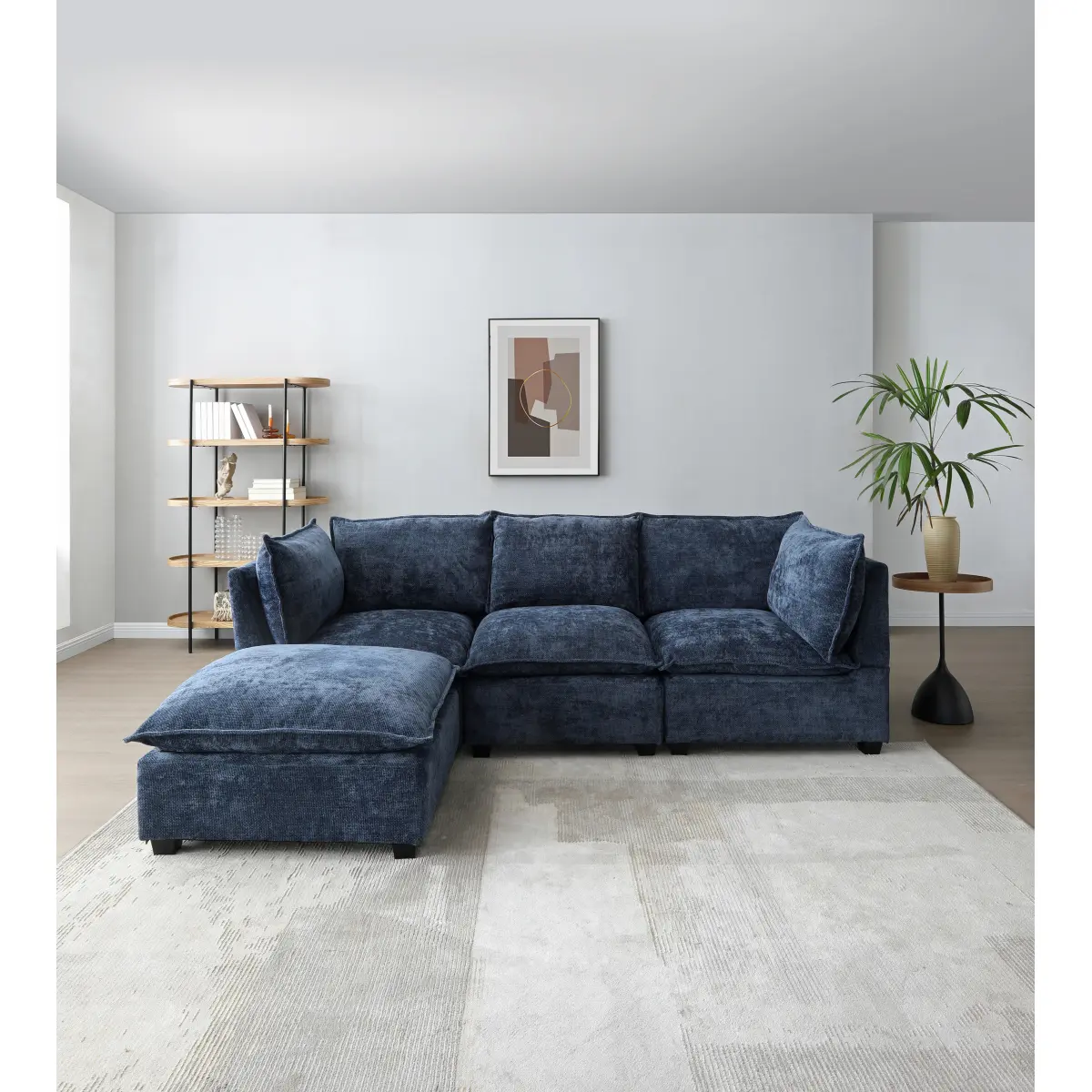 L-Shaped Linen Sectional Sofa Set with Convertible Ottoman, Sponge-Foam-Duck Down Filling, High-Gauge Sinuous Springs, Reversible Arm, Extendable Design, Multiple Seats, 350 lbs Capacity, Easy Assembly Required for Living Room (Blue, 3 Colors), Durable, M