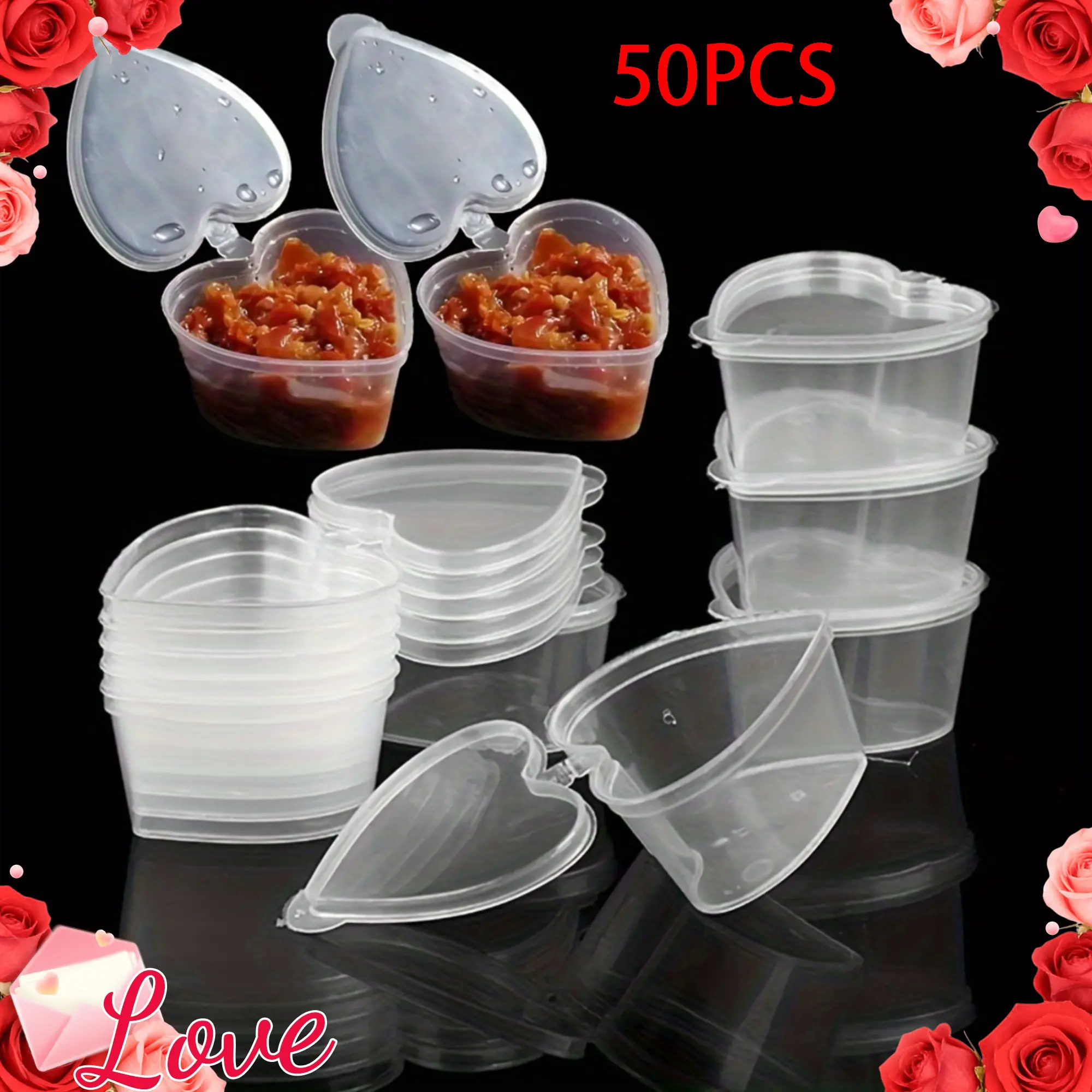 50 Mini Heart-Shaped Sauce Containers with Lids, Transparent Partition Box, Leak-Proof Sealed Storage Jar, Durable Food Container
