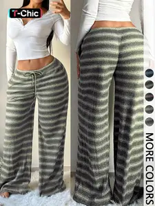 Women's Comfortable Casual Low Waist Drawstring Wide Leg Loose Knit Pants, Striped Design, Simple Style, Perfect for Daily Wear, Bottoms