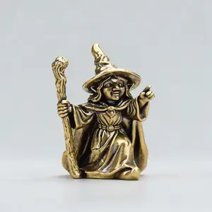 Collectible Brass Witch Figure, Realistic Face Detail, Clear Staff Details, Vintage Aged Look, Magic Theme Collector's Item