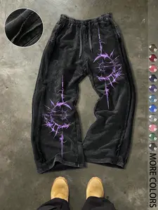Men's Casual Cotton Sports Pants, Cyber Glyph Print, Drawstring Waist, Street Style, Ankle Length, All Seasons, Perfect for Outdoor & Holidays