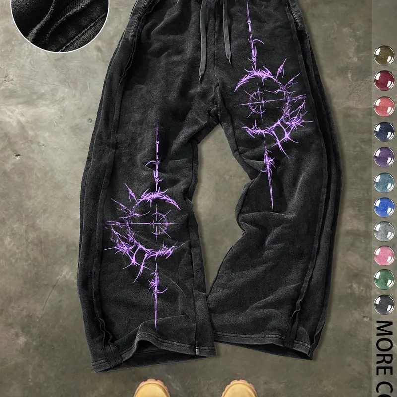Men's Casual Cotton Sports Pants, Casual Comfy Sporty, Cyber Glyph Print, Drawstring Waist, Street Style, Ankle Length, All Seasons, Everyday Street Pants, Perfect for Outdoor & Holidays, Casual Athletic Pants, Casual Sports Bottoms