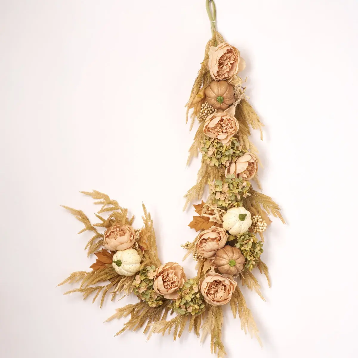 Pumpkin Meadow – Beige Norfolk Pine, Peony, Green Hydrangea & Cream/Brown Pumpkins Fall Mantle Garland Thanksgiving Table Runner - 5 Foot