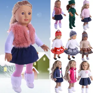 Doll Clothes Outfits Knitted Christmas Elements Print Dress Hat Doctor Dress Daily Costumes for 18 Inch Girl