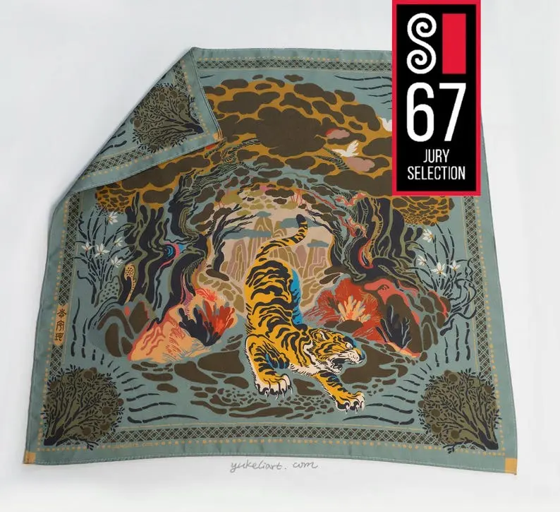 Award-winning design, 100% Silk Scarf, neckerchief, and bag accessory, vintage style, earth tone