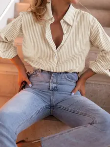 Turn-Down Collar Colorblock Striped Button Front Long Sleeve Loose Shirt Blouse, Casual All Seasons Wear, Women's Fashion Top, Womenswear, Collared