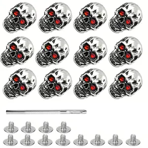 Metal Red Eye Skull Rivets Decorative Punk Studs with Leather Punch Tool for Bags Belts Shoes Leathercraft Pack of 12 Silver
