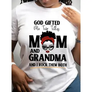Women'S Casual Crew Neck T-Shirt with "God Gifted Me Two Titles Mom and Grandma" Letter Print,  Knit Fabric, Short Sleeve Top for All Seasons - 180gsm