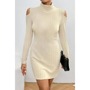 Ribbed Turtleneck Cold Shoulder Long Sleeve Mini Dress