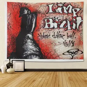 Limp Bizkit Hip-Hop Music Tapestry Wall Hanging - American Flag Design with Graffiti Art & Abstract Red/Black Splatter, Polyester Peach Light Beige Velvet Fabric, 3X5 FT