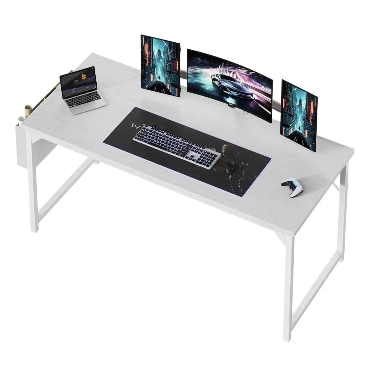 63-Inch Computer Desk, Home Office Desk with Reversible Side Storage Bag, Large Gaming Desk for Writing and Studying, Sturdy Steel Frame, Compact Workstation for Bedroom, Black/White/Brown