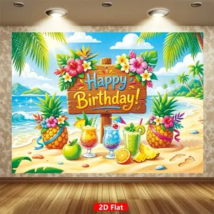 Tropical Birthday Party Banner, Reusable Polyester Background Cloth, Pineapple & Floral Design, Home Decor & Festive Supplies