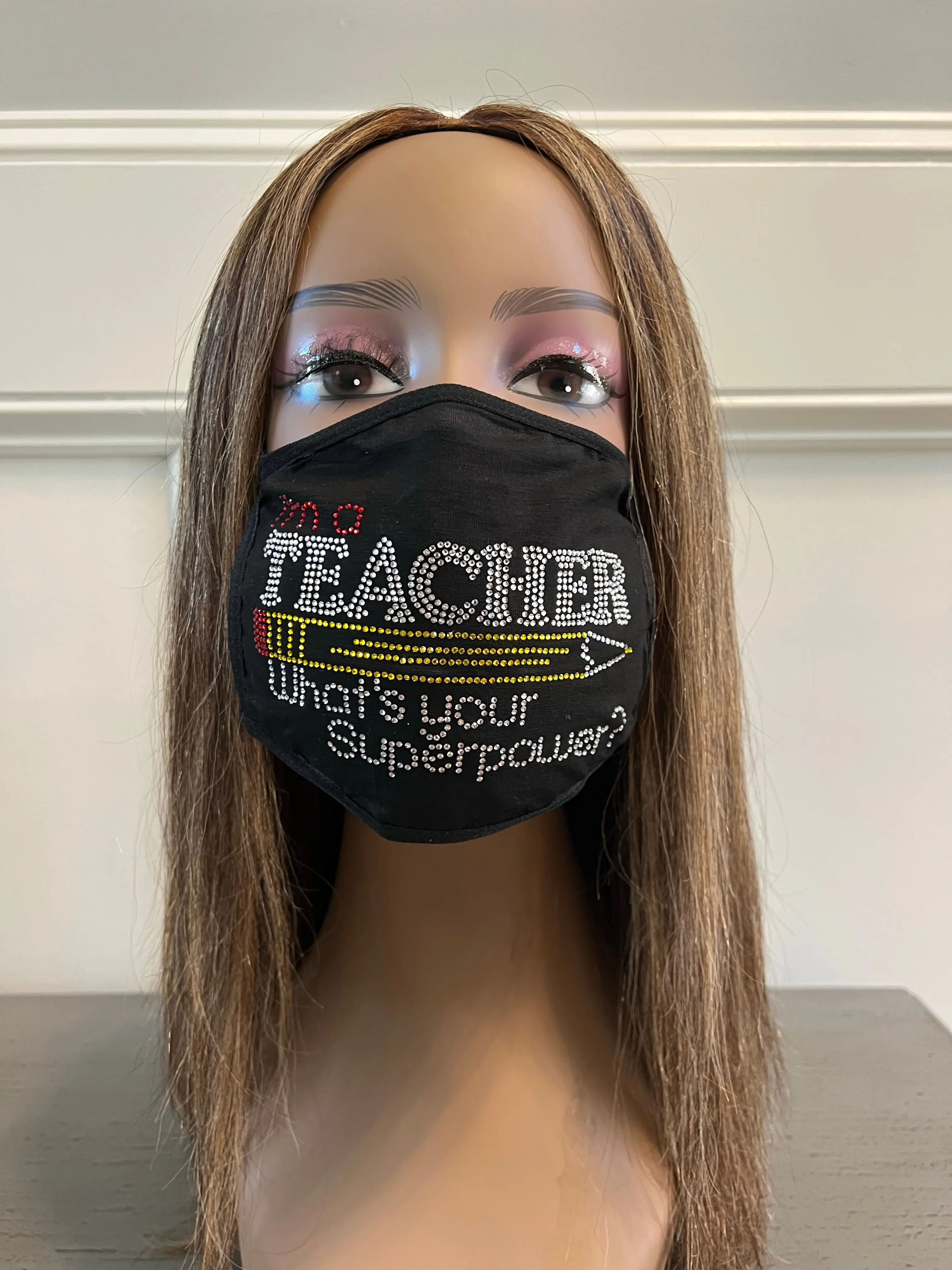 Teacher Superpower Rhinestone Bling Face Mask