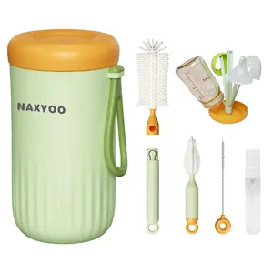 Travel Baby Bottle Brush Set with Build-in Drying Rack - Baby Essential Portable Silicone Bottle Cleaner Brush Kit for Bottle, Nipple, Straw Cleaning, for Home, Travel Use - Green