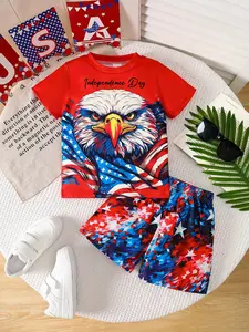 Boys' Independence Day Two-Piece Set, Letter Eagle Print T-Shirt with Star Pattern Shorts, Outdoor Clothing for Kids