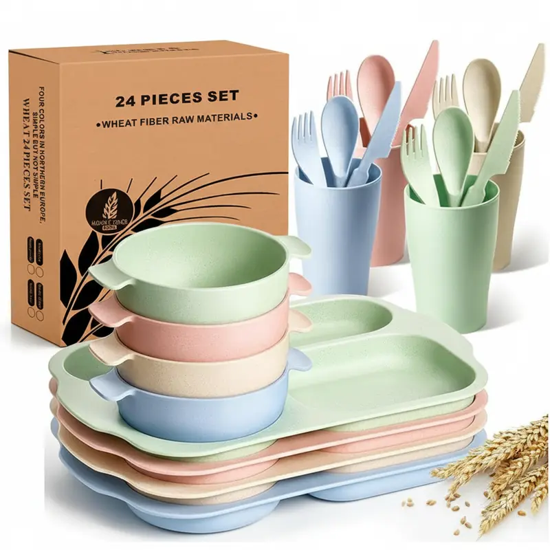 Wheat Straw Dinnerware Set – Plates, Bowls, Cups & Cutlery, Lightweight & Unbreakable for Home, Kids, Dorm