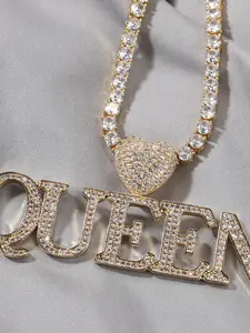 New Heart Clasp Queen Letter Pendant Necklace, Hip Hop Rap Exaggerated Full Rhinestone, Customizable Cross-Border Jewelry