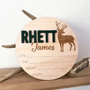 Deer 3D  Baby Announcement with name, date, time , weight and length . This deer baby announcement is 6” in diameter. This item is great for hospital photos. This is the perfect keepsake to display in nursery decoration . Newborn Wooden Round Room Signs