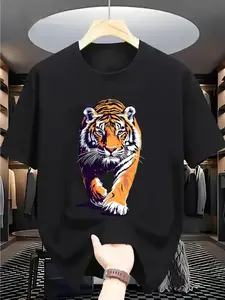 Tiger pattern t-shirt, handsome, cool, unisex, men's round neck street style summer and spring, Casual, clothing, simple yet trendy, party and outdoor activities, festivals, gifts for him