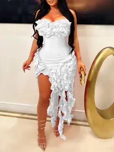 A262 Pure Color Ruffle Chic Elegant Dress, Sexy Halter Formal Evening Gown, High Waist Floral Hem Party Dress, Nightclub, Nameless Irregular Short Skirt, Womenswear