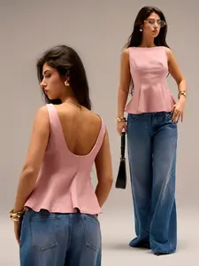 Women's French Backless Waist Cinching Vest, Ruffled Sweet Slimming Aesthetic Design Tops, Perfect for Casual Wear, Stylish and Comfortable