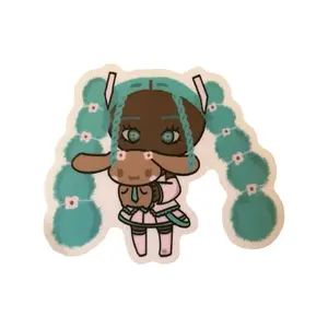 Black girl and Mocha Cute Kawaii Cartoon Sticker and keychain with Teal Hair and Floral Accents