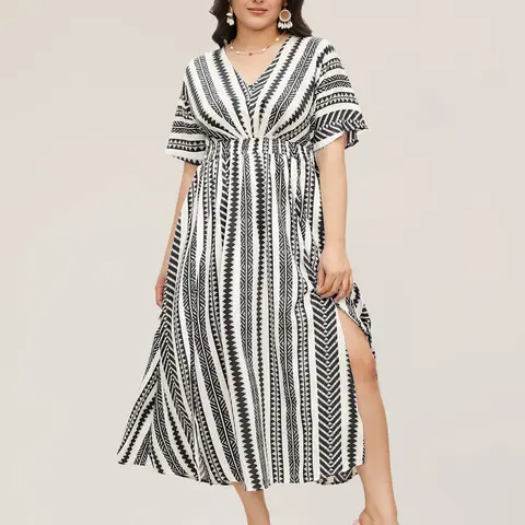 BloomChic Women's Plus Size Midi Casual Dress [M-6X] - Geometric Print, Flowy Breathable Spandex Fabric, Shirred Waist, Dolman Half Sleeves, Pockets, Pull-On, Casual Elegance Chic, Summer Vacation Outfits, Women's Clothes, Breathable for Hot Days