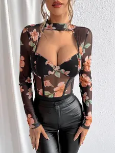 Women Sexy Sheer Mesh Floral Bodysuit Y2K Long Sleeve Cutout Corset Bustier Top Mock Neck Keyhole Leotard Baddie Aesthetic Going Out Club Party Date Night Trendy Dark Coquette Slim Fit Romper Jumpsuit Spring Summer Fashion