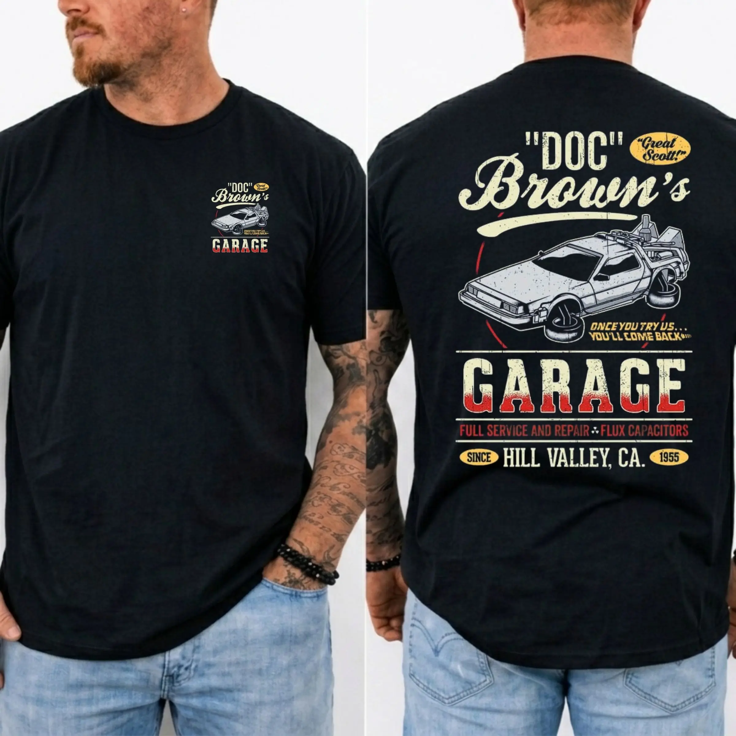 Doc Brown Shirt, Back to the Future TShirt, Vintage DeLorean Car Graphic Tee, Classic 80s Movie Shirt, Gift For Car Lovers Menswear Tops