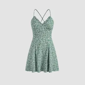 Cider [3 colors, size 2-26] Floral Lace Up Backless Mini Dress
