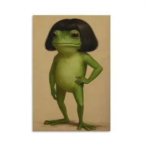 Whimsical Frog Canvas Wall Art, Funny Frog Portrait Poster, Minimalist Green Animal Print, Quirky Decor for Kids Room Playroom