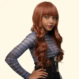 smil  cow  ig 30-Inch Solid Vibrant Auburn (Brownish orange) Wavy Synthetic Wig | (Heat Resistant) [Cap Included)/No glue required/ HD Transparent Body Wave/ Natural Water wave Glueless wig wigs  for  women