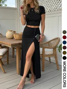 Women's Casual Two-Piece Set, Short Sleeve Crop Top & Front Button Split Skirt, Summer Fashion, Comfortable and Stylish