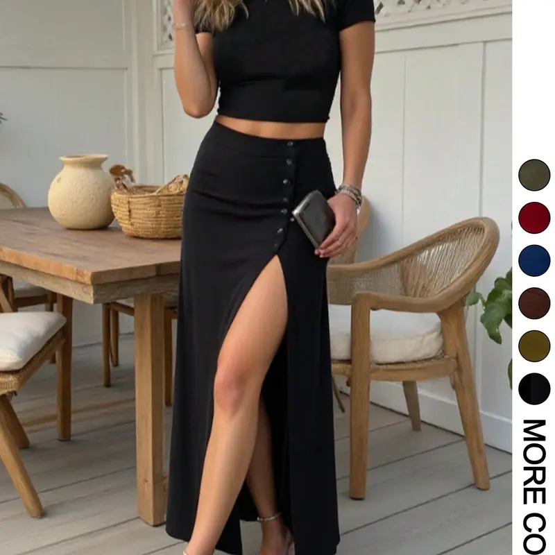 Women's Casual Two Piece Matching Set, Short Sleeve Crop Top & Front Button Slit Skirt, Slim Fit Outfit, Perfect for Evening, Dating and Casual Occasions, Chic